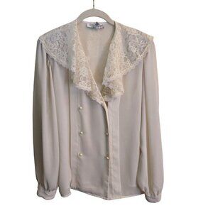 Vintage Laura & Jayne Lace Collar Double Breasted Cream Blouse Size 14